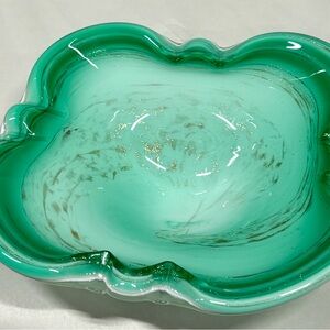 Vintage MCM Green and White Cased Art Glass Bowl W/ Gold Flecks Mid Century